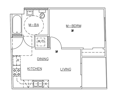 Floor plan for 1 bed, 1 bath, 455 sqft